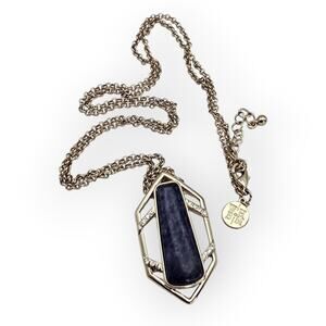 BHWM Long Geometric Pendant Necklace Blue Stone Gold Tone 36" Modern Chic